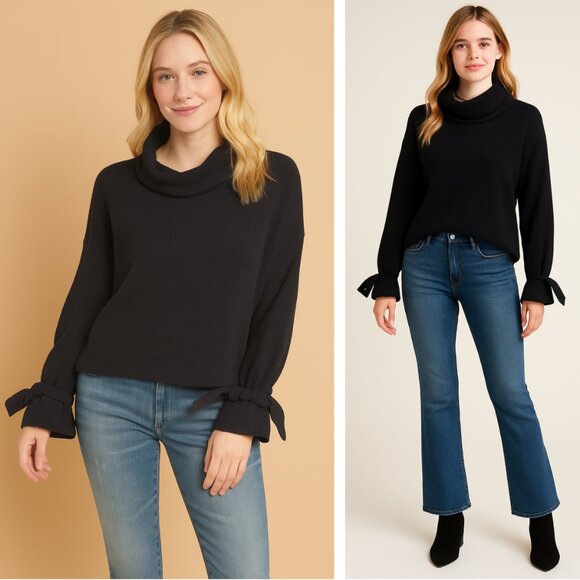 Madewell Navy Mockneck Tie-Cuff Top Nautical Preppy Beach Oversized Bell Sleeves - Picture 1 of 7